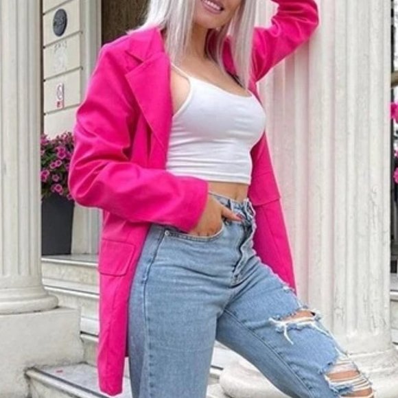 Glamorous semi oversized Button Front Blazer  NEON PINK - Picture 2 of 8